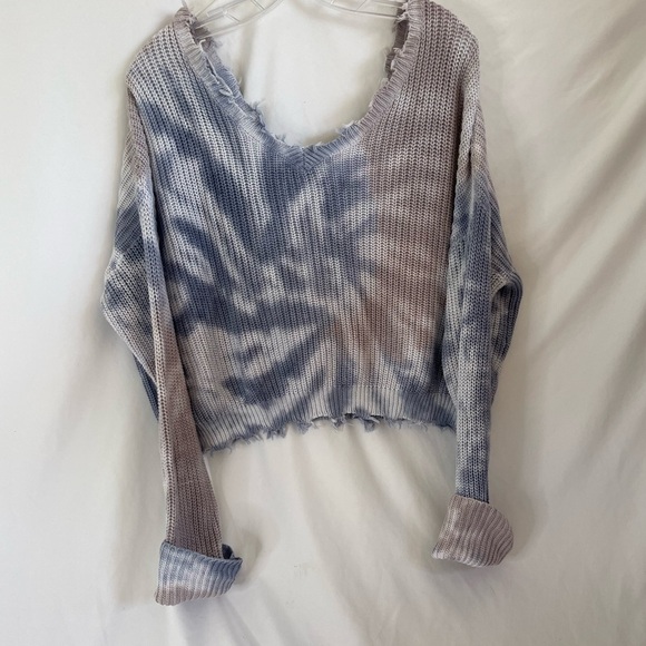 Jessica Simpson Women’s Sweater Tie Dye Waffle  Knit Crop Blue/brown/white Large - Picture 1 of 10